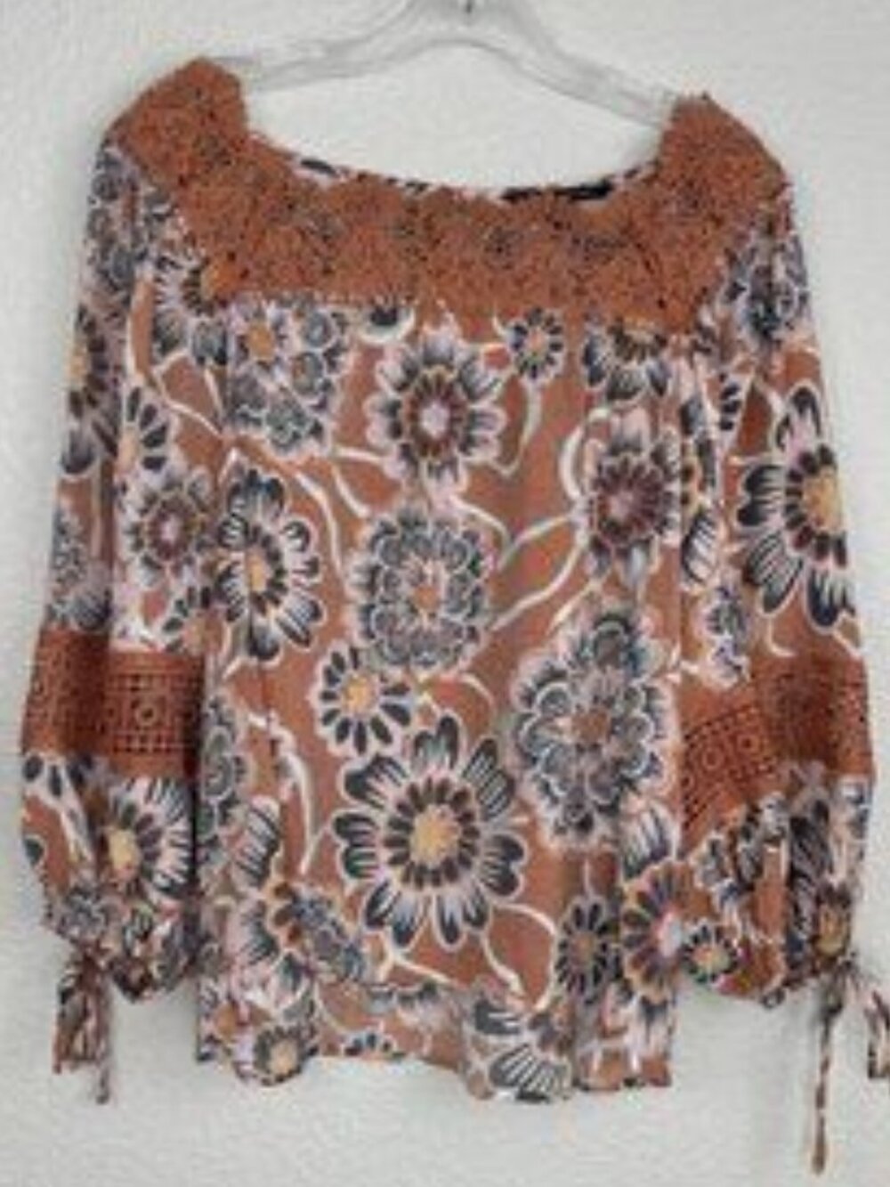 Womens Blouse Medium Floral Print Crochet Lace Top Boho